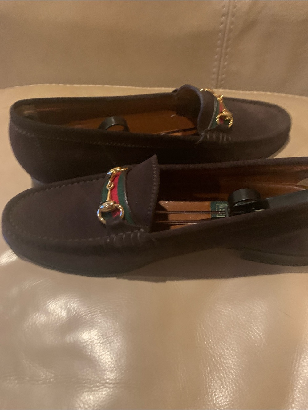 Gucci Dark Brown Suede Horsebit Loafers with Red & Green Web. Like New - Picture 5 of 8